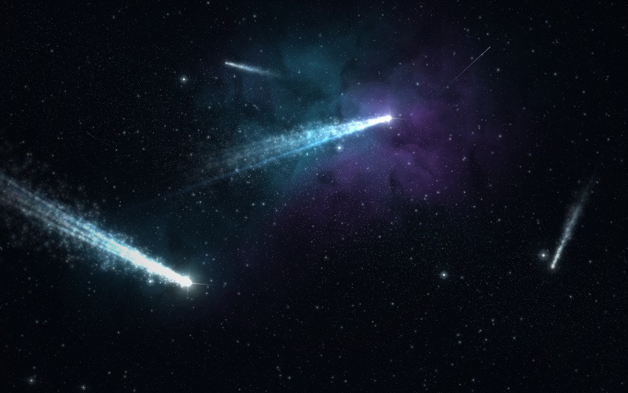 Four comets on different paths across a dense star field, one tail crossing a faint teal and violet nebula, with two meteor streaks