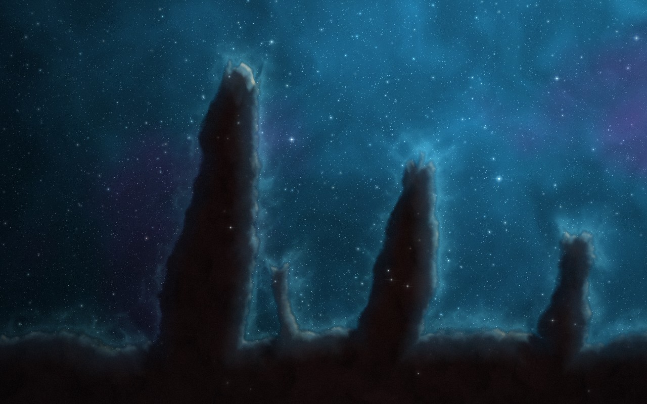 Tall columns of dark gas and dust rising from a cloud bank against a glowing teal nebula and dense star field, their ragged edges lit from the upper right and young stars glinting inside them